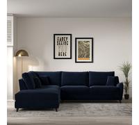 Amelia Velvet Corner Sofa & Modular Footstool Set with Dark Wood Legs (Left Facing) Royal Blue