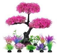 Ameliade Aquarium Artificial Plastic Plants Decoration, Pink Cherry Blossom Tree Aquarium Decor Set, Goldfish Betta Fish Tank Decorations Hides Accessories（Pink