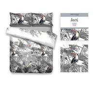 AmeliaHome Averi Toucan 3-Piece Bed Linen 160 x 200 cm with 2 Pillowcases 70 x 80 cm 100% Cotton Zip Leaves Palm Trees Toucan Grey Black White