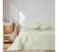 AmeliaHome Bedspread with Pompoms 240 x 260 cm Bed Throw Double-Sided Ultrasonic Quilting Polyester Meadore Cream