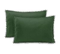 AmeliaHome Meadore 2 Cushion Covers with Pompoms Double-Sided Ultrasonic Quilting 50 x 70 cm Dark Green