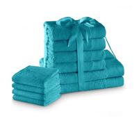 AmeliaHome Set 10pcs 4 Guest Towels 30x50 cm, 4 Towels 50x100 cm and 2 Bath Towels 70x140 cm 100% Cotton Absorbent Turquoise Amari