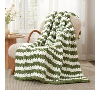 Amélie Home Chunky Knit Blanket Throw, Thick Soft Chenille Yarn Throw, Warm Handmade Rope Knot Blanket for Couch Sofa Bed, 50x60, Sage Green/White Stripe