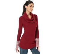 AmélieBoutik Woman Drape Cowl Neck Long Sleeve Striped Cuff Sweater Top, Red, XS