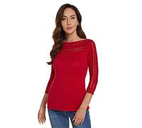 AmélieBoutik Women Boatneck Eyelet Trim 3/4 Sleeve Knit Top Jumper
