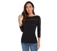 AmélieBoutik Women Boatneck Eyelet Trim 3/4 Sleeve Knit Top Jumper (Black Medium 12)