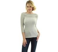 AmélieBoutik Women Boatneck Eyelet Trim 3/4 Sleeve Knit Top Jumper (Light Grey Medium 12)