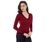 AmélieBoutik Women Casual V Neck Long Sleeve Preppy Sweater Trendy Striped Cable Knit Blouse Tops
