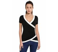 AmélieBoutik Women Color Trim V Neck Faux Wrap Pleated Detail Blouse, Short Sleeve Black and Ivory, L