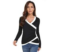 AmélieBoutik Women Color Trim V Neck Faux Wrap Pleated Detail Long Sleeve Blouse (Black and Ivory Large 14)