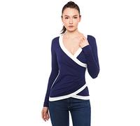 AmélieBoutik Women Color Trim V Neck Faux Wrap Pleated Detail Long Sleeve Blouse (Navy Blue and Ivory Large 14)