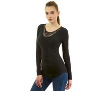 AmélieBoutik Women Cotton Blend Crochet Lace Inset Curved Hem Blouse, Black, Medium