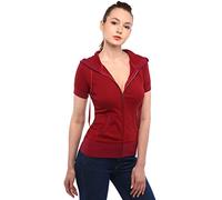 AmélieBoutik Women Cotton Blend Hoodie Zip Up Kangaroo Pocket Short Sleeve Jacket, Crimson Red, M