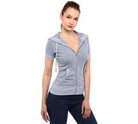 AmélieBoutik Women Cotton Blend Hoodie Zip Up Kangaroo Pocket Short Sleeve Jacket, Light Gray, M