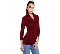 AmélieBoutik Women Cowl Neck Long Sleeve Ruched Sides Pullover Tunic Jumper (Burgundy Small 8/10)