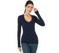 AmélieBoutik Women Crew Neck Knit Front Plaid Long Sleeve Slim Fit Sweater Top, Blue, M