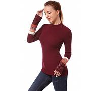 AmélieBoutik Women Crew Neck Long Sleeve Fair Isle Eyelet Cuff Pullover Sweater, Burgundy, M