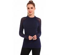 AmélieBoutik Women Crewneck Crochet Eyelet Trim Raglan Long Sleeve Sweater, Navy Blue, Small