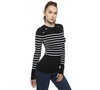 AmélieBoutik Women Crewneck Striped Military Button Embellished Pullover Jumper (Black and Ivory X-Large 16)