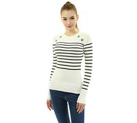 AmélieBoutik Women Crewneck Striped Military Button Embellished Pullover Jumper (Ivory and Black Large 14)