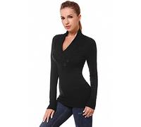 AmélieBoutik Women Crossover Cable Knit V Neck Long Sleeve Pullover Sweater, Black, L