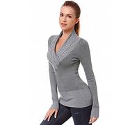 AmélieBoutik Women Crossover Cable Knit V Neck Long Sleeve Pullover Sweater, Gray, Small