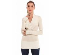 AmélieBoutik Women Crossover Cable Knit V Neck Long Sleeve Pullover Sweater, Light Beige, Small