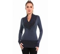 AmélieBoutik Women Crossover Cable Knit V Neck Long Sleeve Pullover Sweater, Navy Blue, M