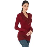 AmélieBoutik Women Crossover Cable Knit V Neck Long Sleeve Pullover Sweater, Red, Small