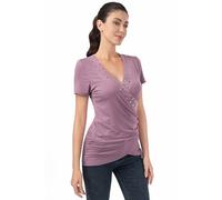 AmélieBoutik Women Deep V Neck Cross Wrap Top Slim Fitted Stud Trim Short Sleeve Blouse Top, Light Purple, M
