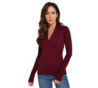 AmélieBoutik Women Deep V Neck Empire Waist Long Sleeve Knit WrapTop Sweater, Burgundy, Small