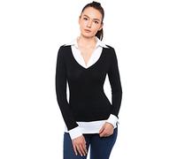 AmélieBoutik Women Faux Shirt 2 in 1 Style Long Sleeve Pullover Blouse Top, Black, Medium