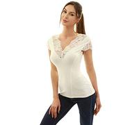 AmélieBoutik Women Floral Lace Trim V Neck Blouse (Ivory Small 8/10)