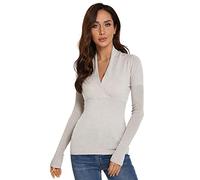 AmélieBoutik Women Jumper V Neck Empire Waist Long Sleeve Knit Top Sweater, Light Beige, S