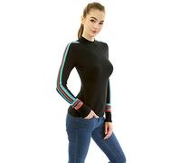 AmélieBoutik Women Mock Neck Fair Isle Trim Long Sleeve Knit Jumper - Black - Medium
