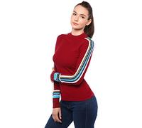 AmélieBoutik Women Mock Neck Fair Isle Trim Long Sleeve Pullover Knit Sweater, Crimson Red, Medium