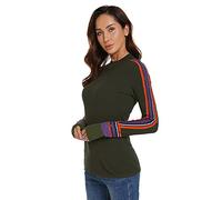 AmélieBoutik Women Mock Neck Fair Isle Trim Long Sleeve Pullover Knit Sweater, Dark Olive Green, S