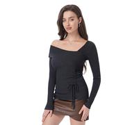 AmélieBoutik Women Off Shoulder Sweater Asymmetric Neck Long Sleeve Ruched Tie Knot Going Out Shirts Blouses, Gray, M
