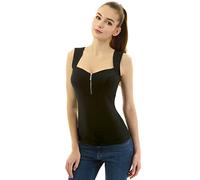 AmélieBoutik Women Queen Anne Neckline Zip Front V Neck Empire Waist Sleeveless Blouse Tank Top, Black, S
