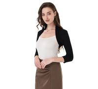 AmélieBoutik Women Ruched 3/4 Sleeve Bolero Shrug Cropped Open Front Cardigan Jacket, Black, M