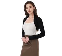 AmélieBoutik Women Ruched Long Sleeve Bolero Shrug Cropped Open Front Cardigan Jacket, Black, XS