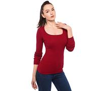 AmélieBoutik Women Scoop Neck Long Sleeve Scalloped Cuff Ribbed Pullover Jumper (Crimson Red X-Small 8)