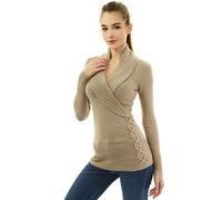 AmélieBoutik Women Shawl Collar Faux Wrap Lace Up Jumper - Beige - Medium