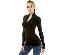 AmélieBoutik Women Shawl Collar Faux Wrap Lace Up Jumper - Black - Medium