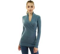 AmélieBoutik Women Shawl Collar Faux Wrap Lace Up Jumper - Blue - Medium