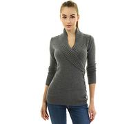 AmélieBoutik Women Shawl Collar Faux Wrap Lace Up Jumper - Grey - X-Small