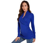 AmélieBoutik Women Shawl Collar Faux Wrap Lace Up Long Sleeve Sweater, Blue, Small