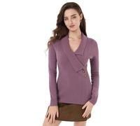AmélieBoutik Women Slim Fit Sexy Casual Shawl Collar Faux Wrap Knit Long Sleeve Pullover Sweater, Purple, M