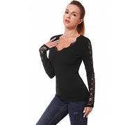 AmélieBoutik Women V Neck Floral Lace Trim Inset Long Sleeve Blouse Top, Black, Small