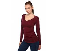 AmélieBoutik Women V Neck Raglan Long Sleeve Ruched Sides Top (Burgundy X-Small 8)